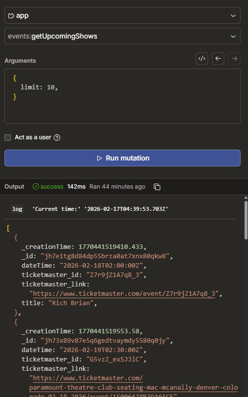 Convex function code for getUpcomingShows showing query logic and return shape
