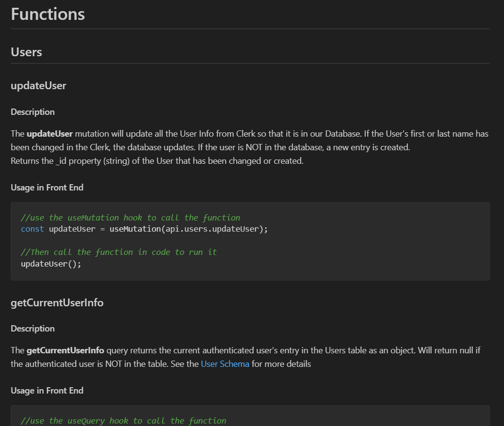 Convex backend functions documentation showing available queries and mutations