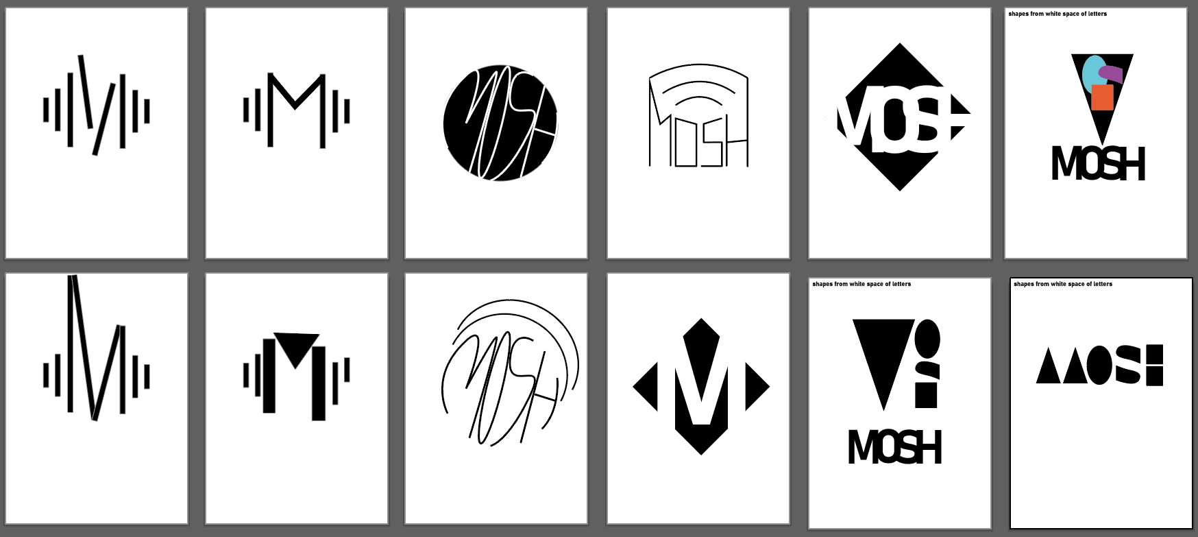 Illustrator workspace with multiple digital logo options and letterform explorations