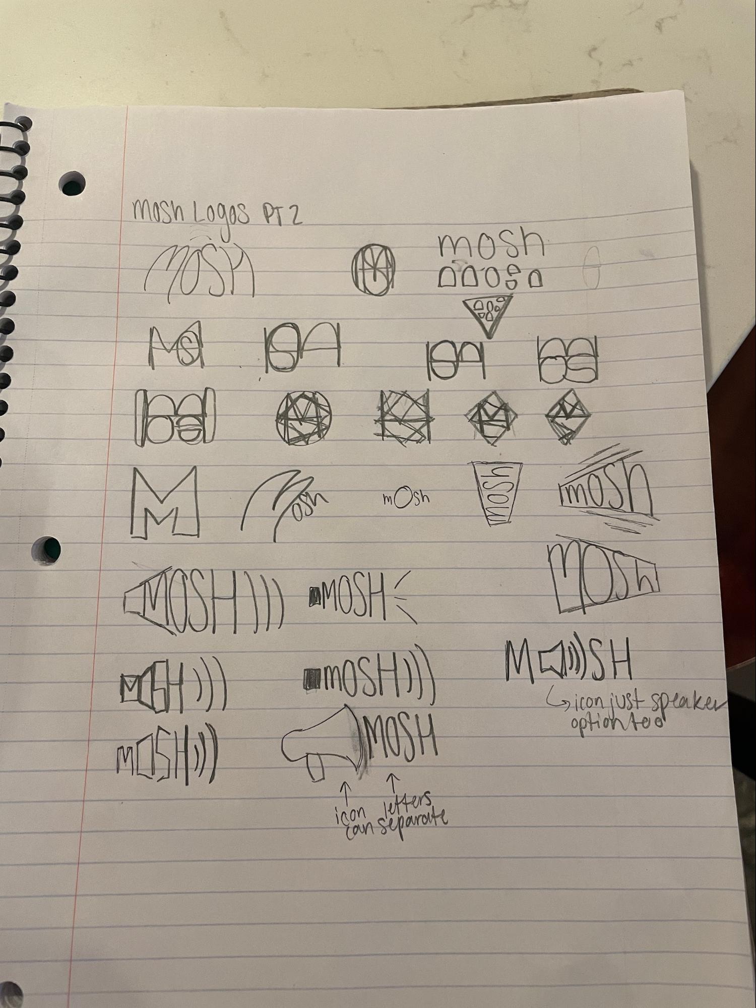 Second page of hand-drawn logo sketches with refined wordmark ideas