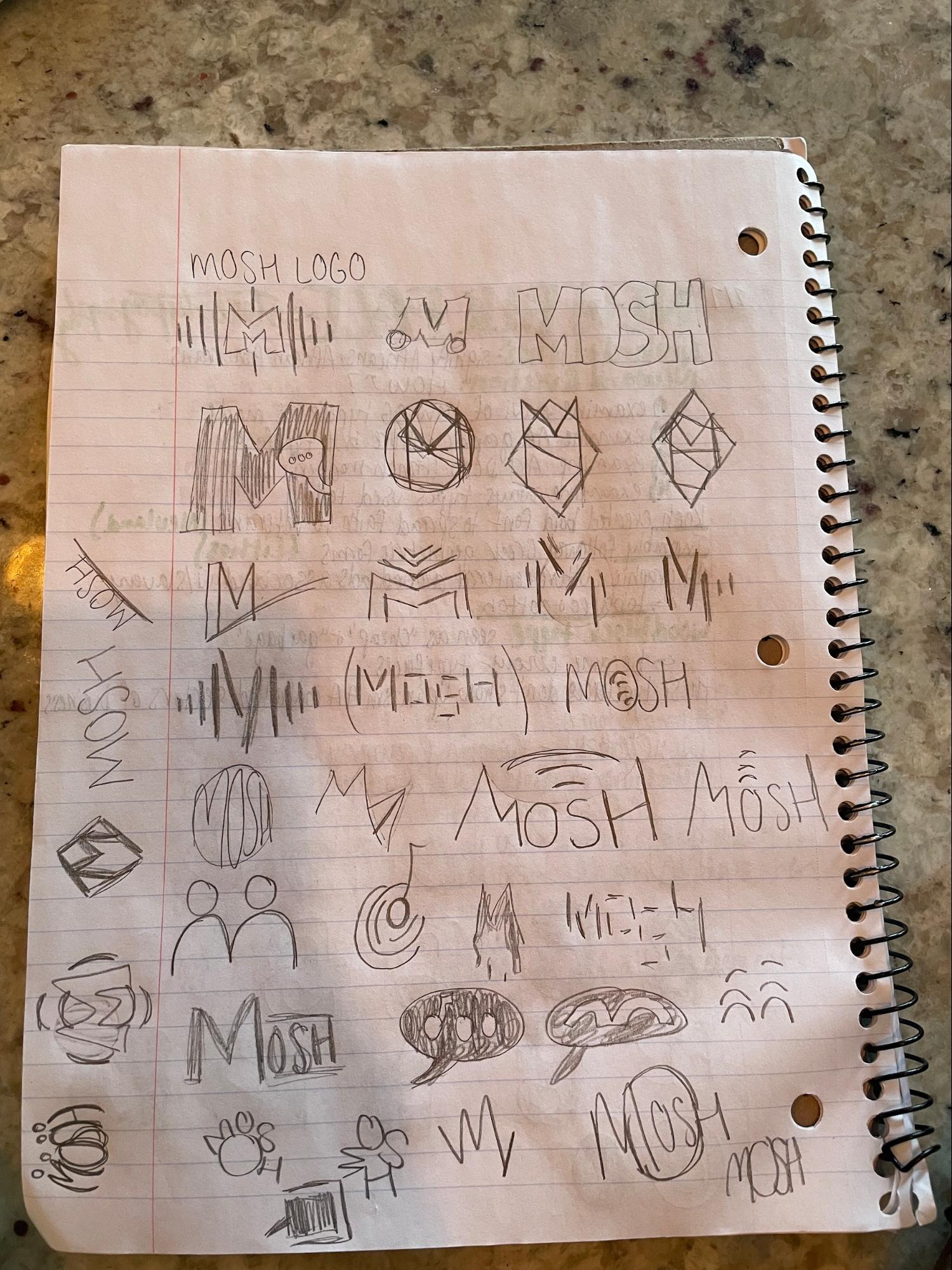 Hand-drawn logo sketches on paper exploring early MOSH wordmark directions