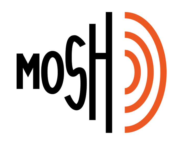 Finalized MOSH logo with the wordmark shaped into a speaker form with orange radiating lines