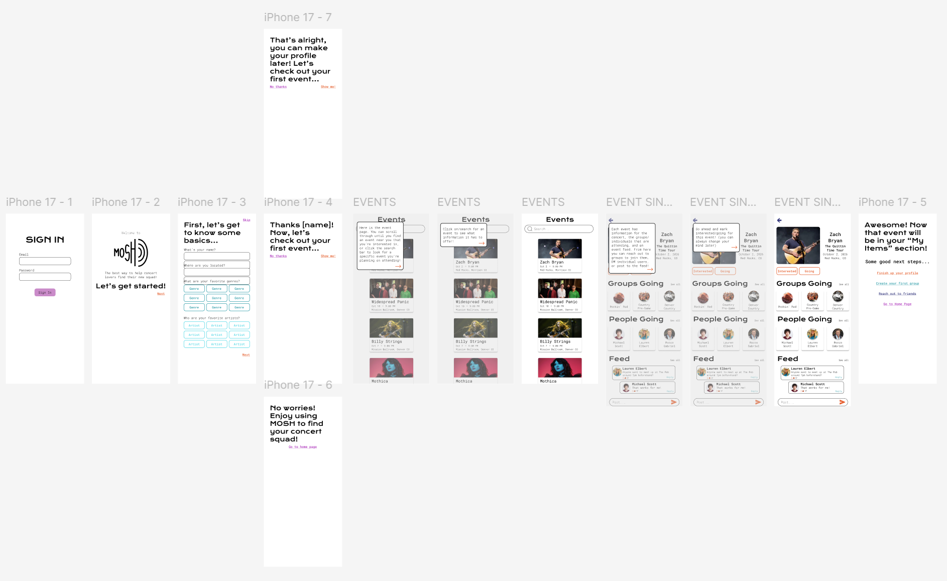 Figma onboarding screens showing multi-step new user flow with genre and vibe selection