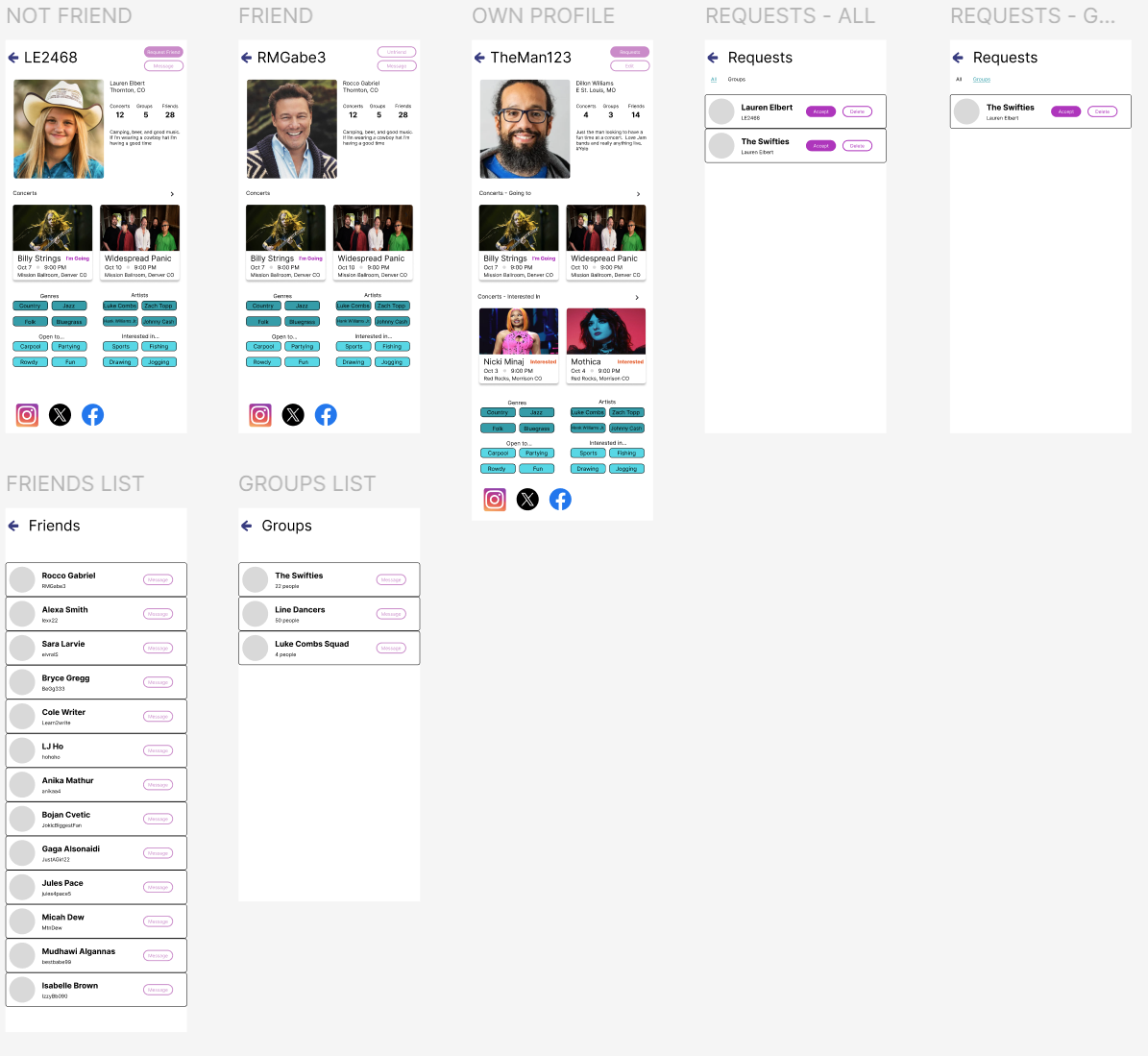 Additional hi-fidelity Figma prototype pages showing event and discovery screens