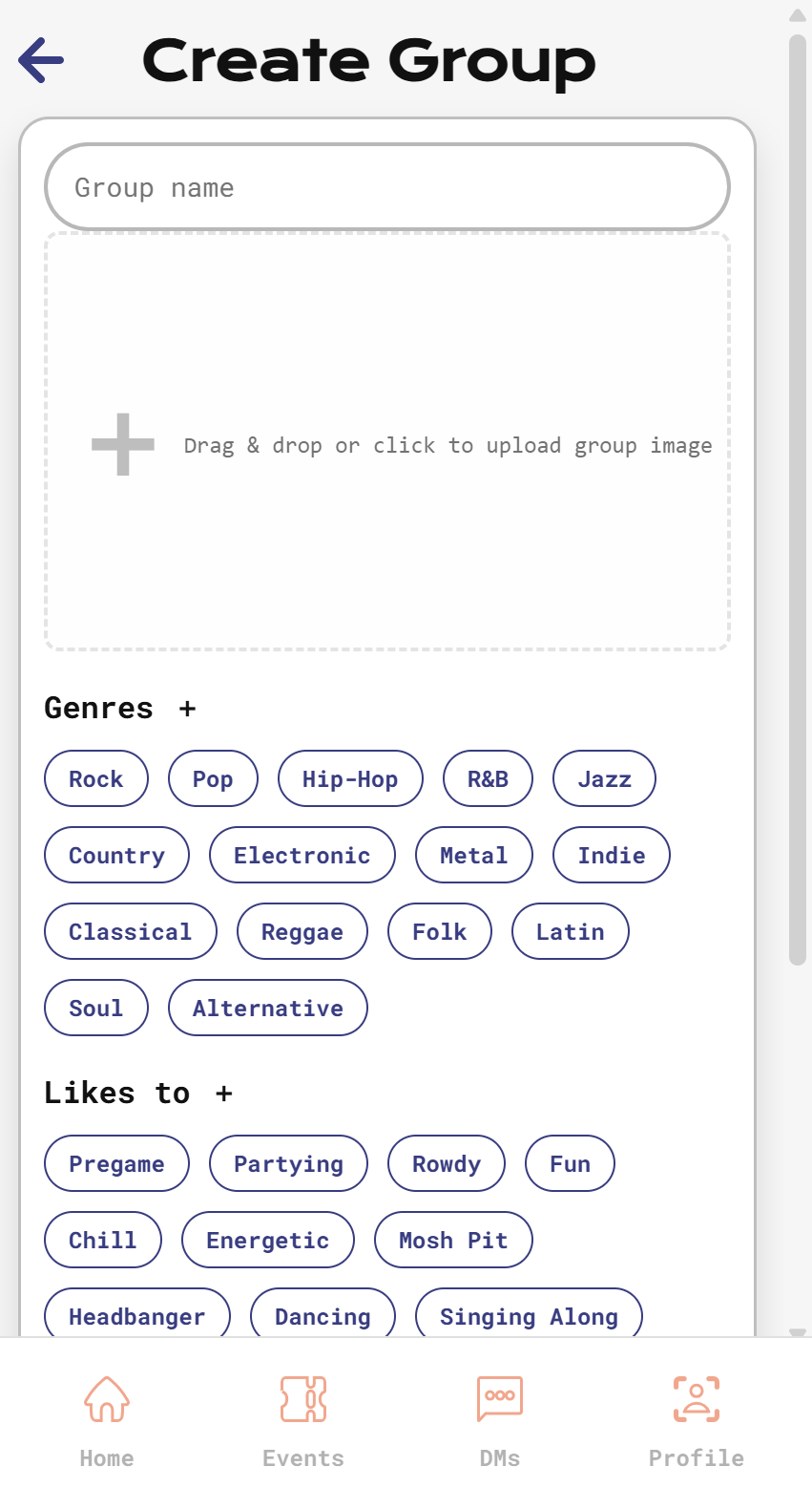 Create group page before image upload was implemented, showing the form with a placeholder