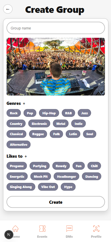 Create group page with fields for group name, description, genre, and tags