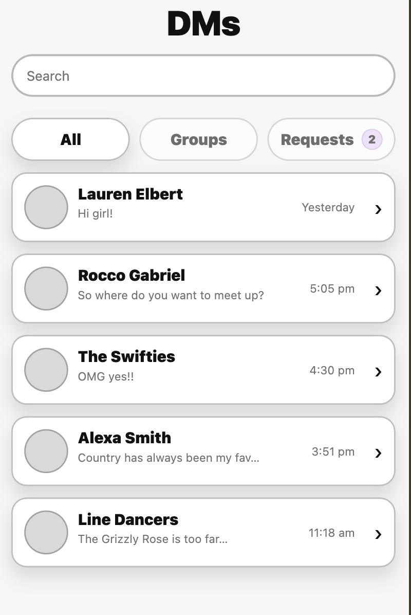 MOSH DMs page showing all active conversations in a unified list