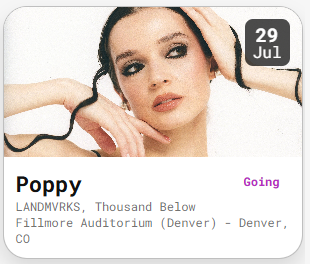 MOSH event card component showing show name, date, venue, and RSVP button