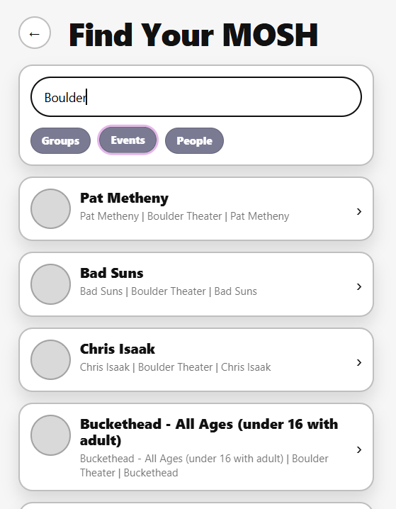 Event search with a filled-in query showing filtered concert results