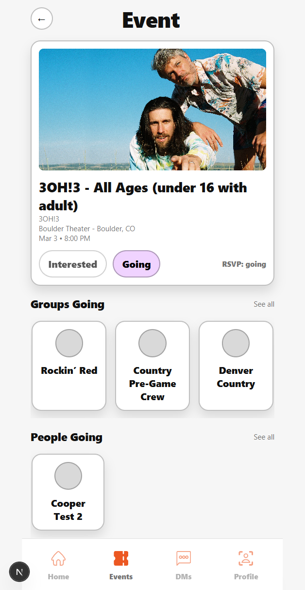 People going section and event feed posts showing social activity around a concert