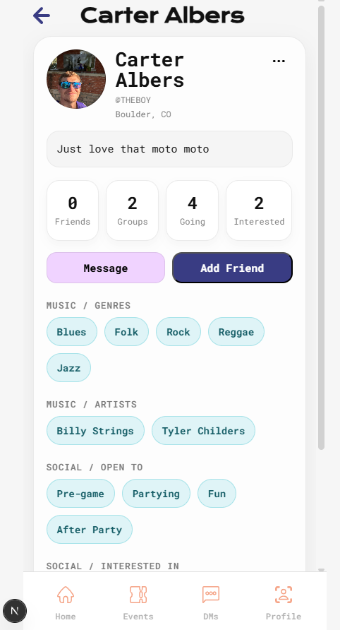 Viewing another user's public profile showing their preferences and mutual groups