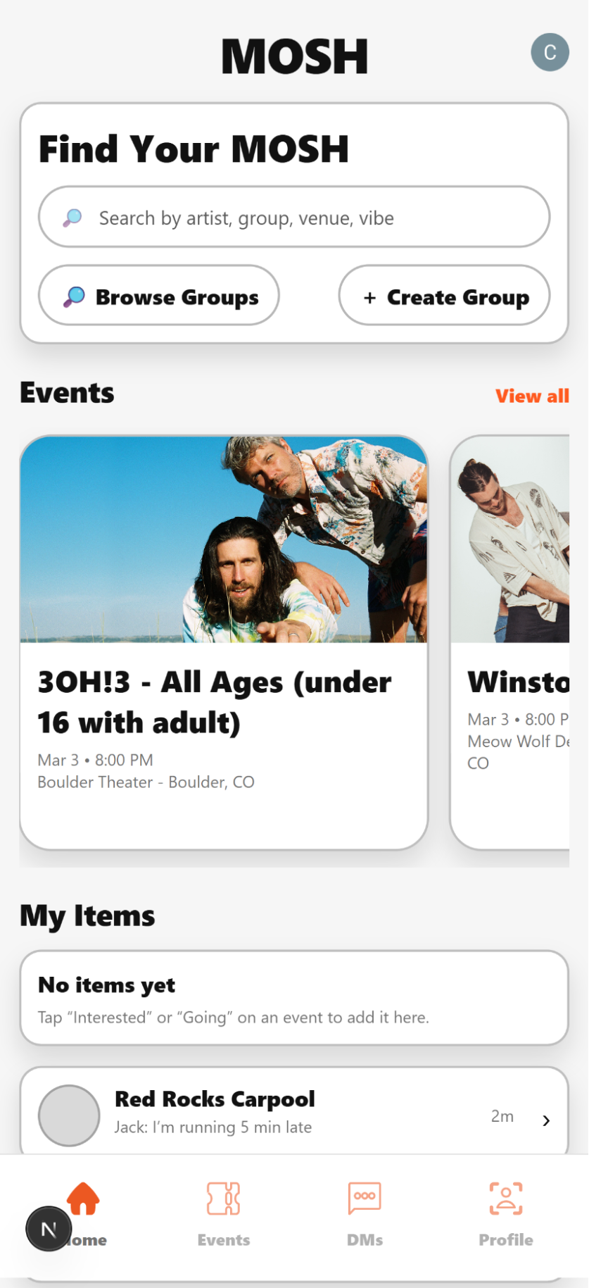 MOSH home and events feed showing live concert data from the Ticketmaster API