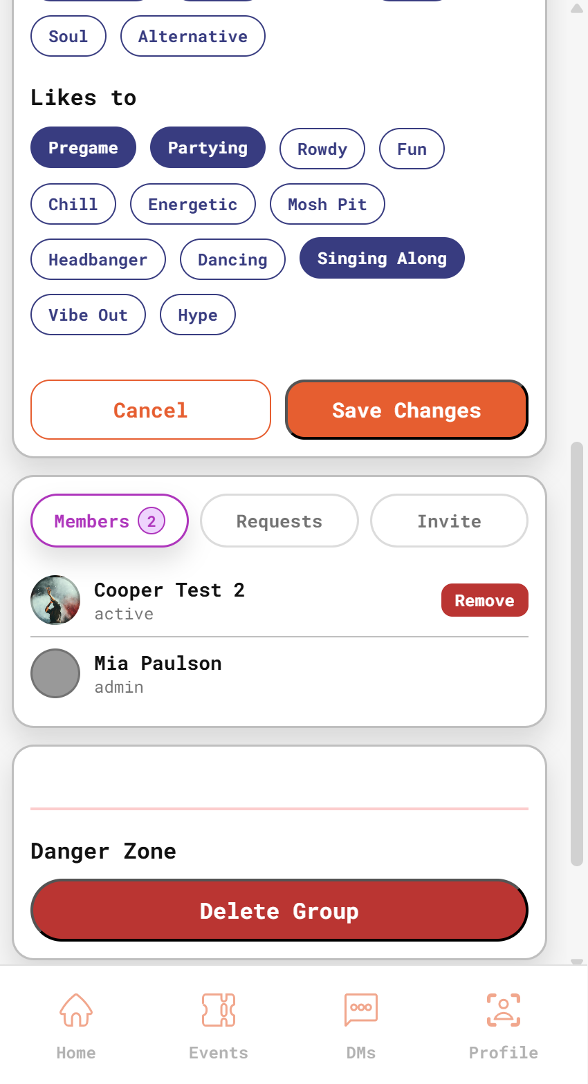 Second manage group page view showing additional admin settings and member list management