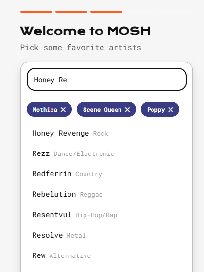 Onboarding screen for selecting favorite artists to seed music preferences