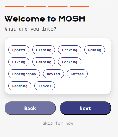 Onboarding screen for selecting hobbies and interests beyond music