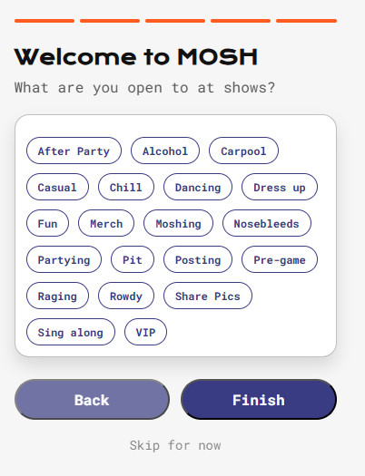 Onboarding screen for picking concert show vibe preferences