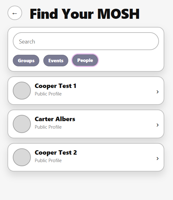 MOSH search results showing matched users and groups based on query