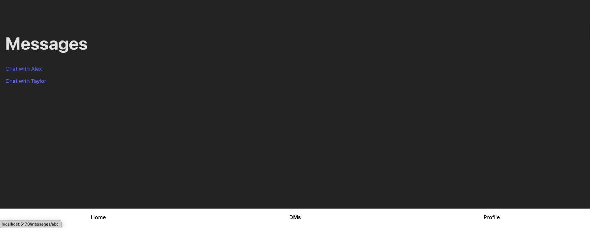 React prototype of the messages tab showing conversation list view
