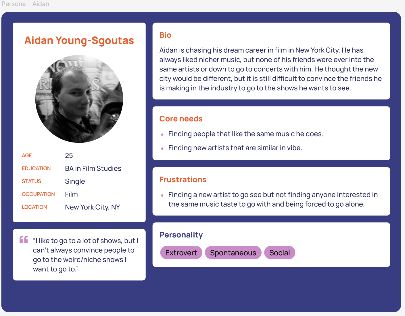 User persona for Aidan, built from a real usability interview participant