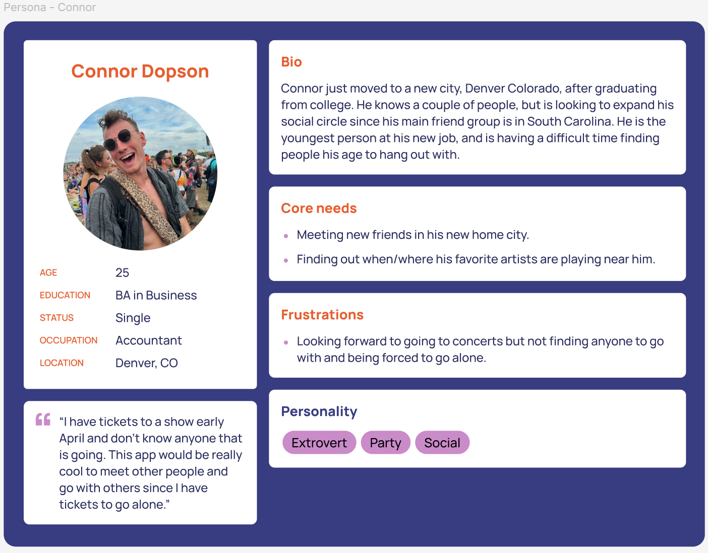 User persona for Connor, built from a real usability interview participant