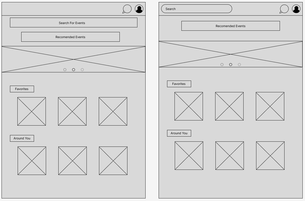 Homepage wireframe exploring search bar placement and layout options