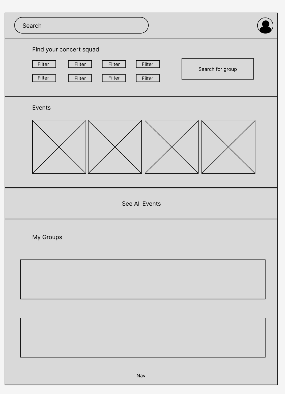 Homepage wireframe showing filter controls for browsing events
