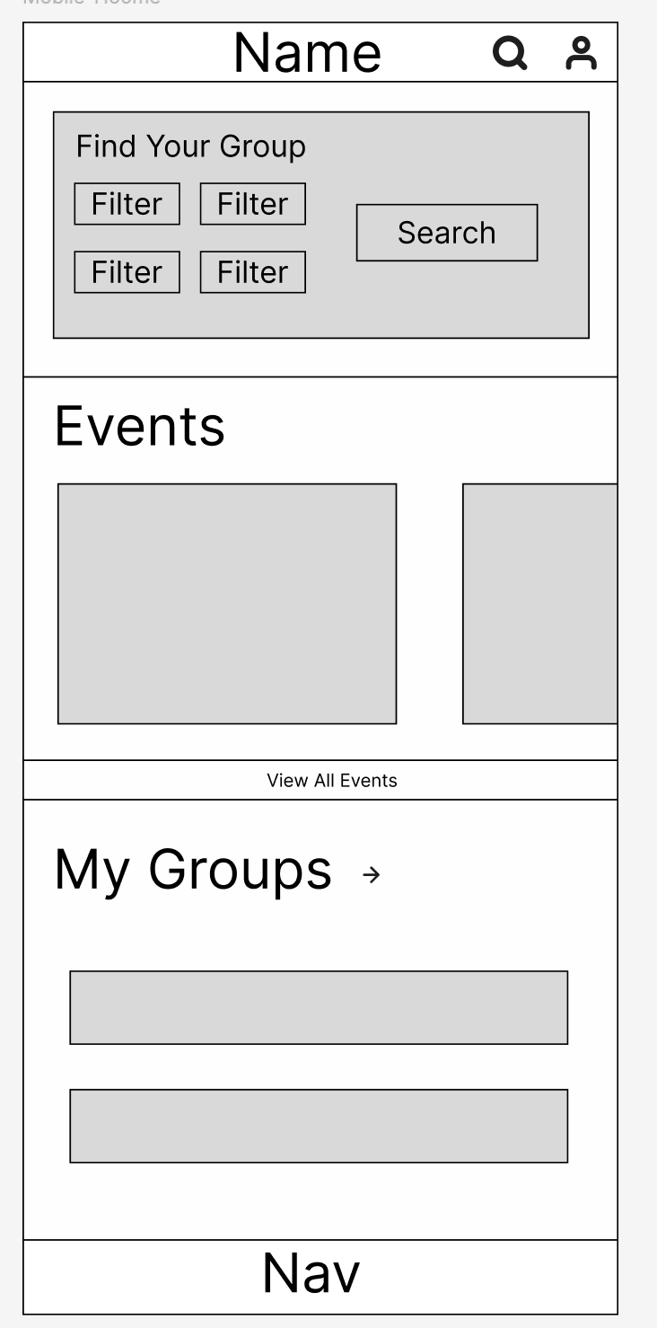 Homepage wireframe variant with My Items section and scrollable event feed